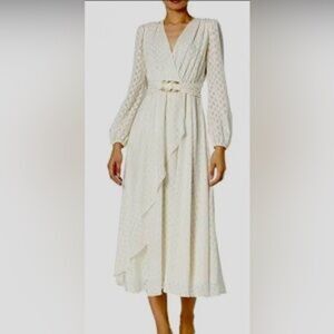 Shoshanna Emilie Belted Blouson Sleeve Midi Dress - Ivory Size 12